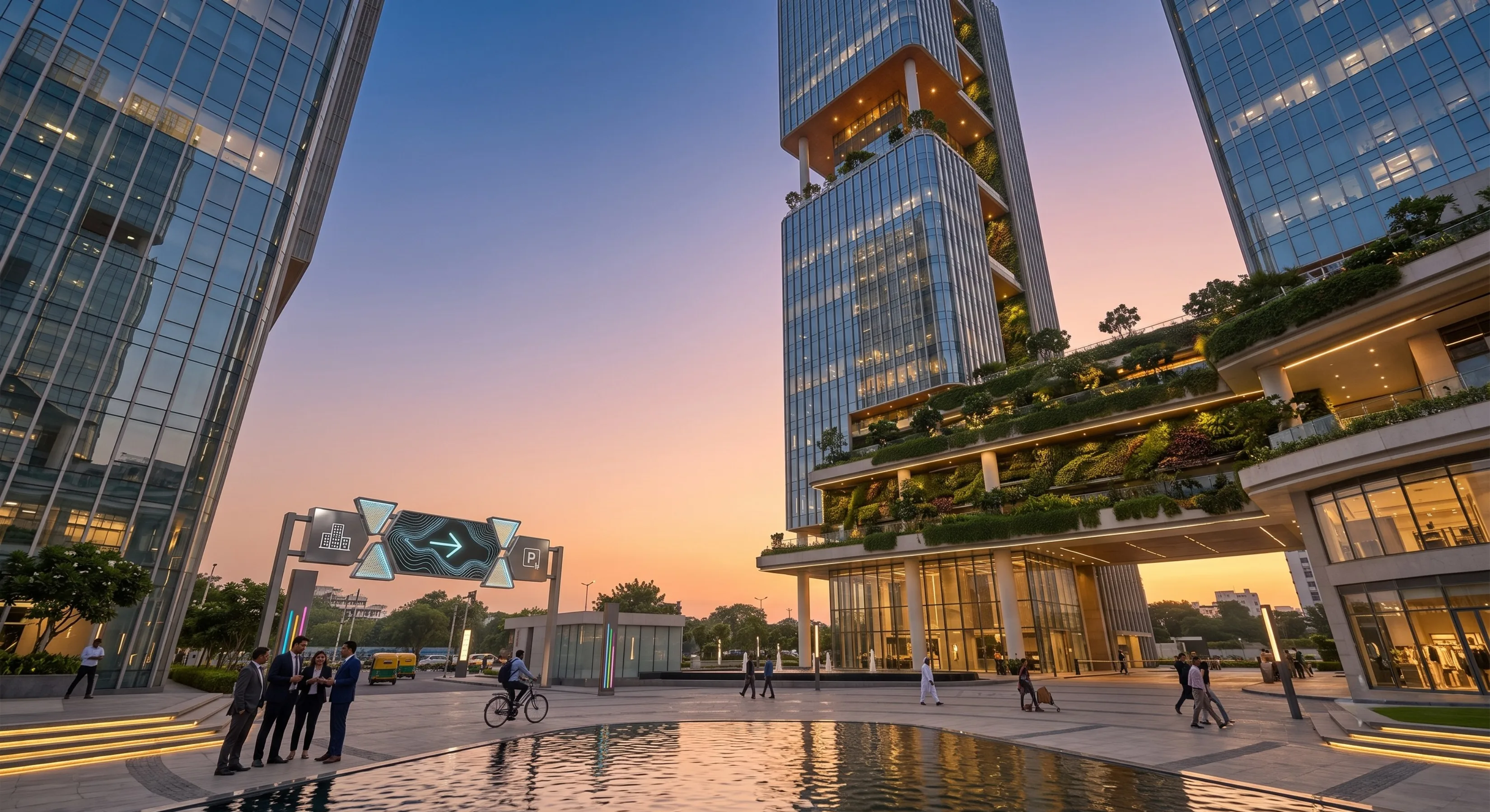 Tower forecourt and plaza at dusk